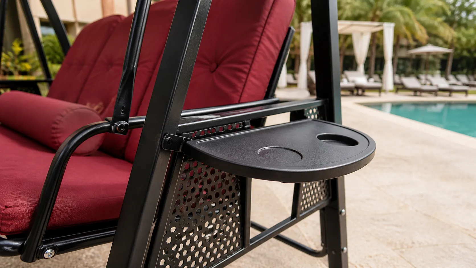 Steel Outdoor Canopy Swing Sofa with Red Cushions