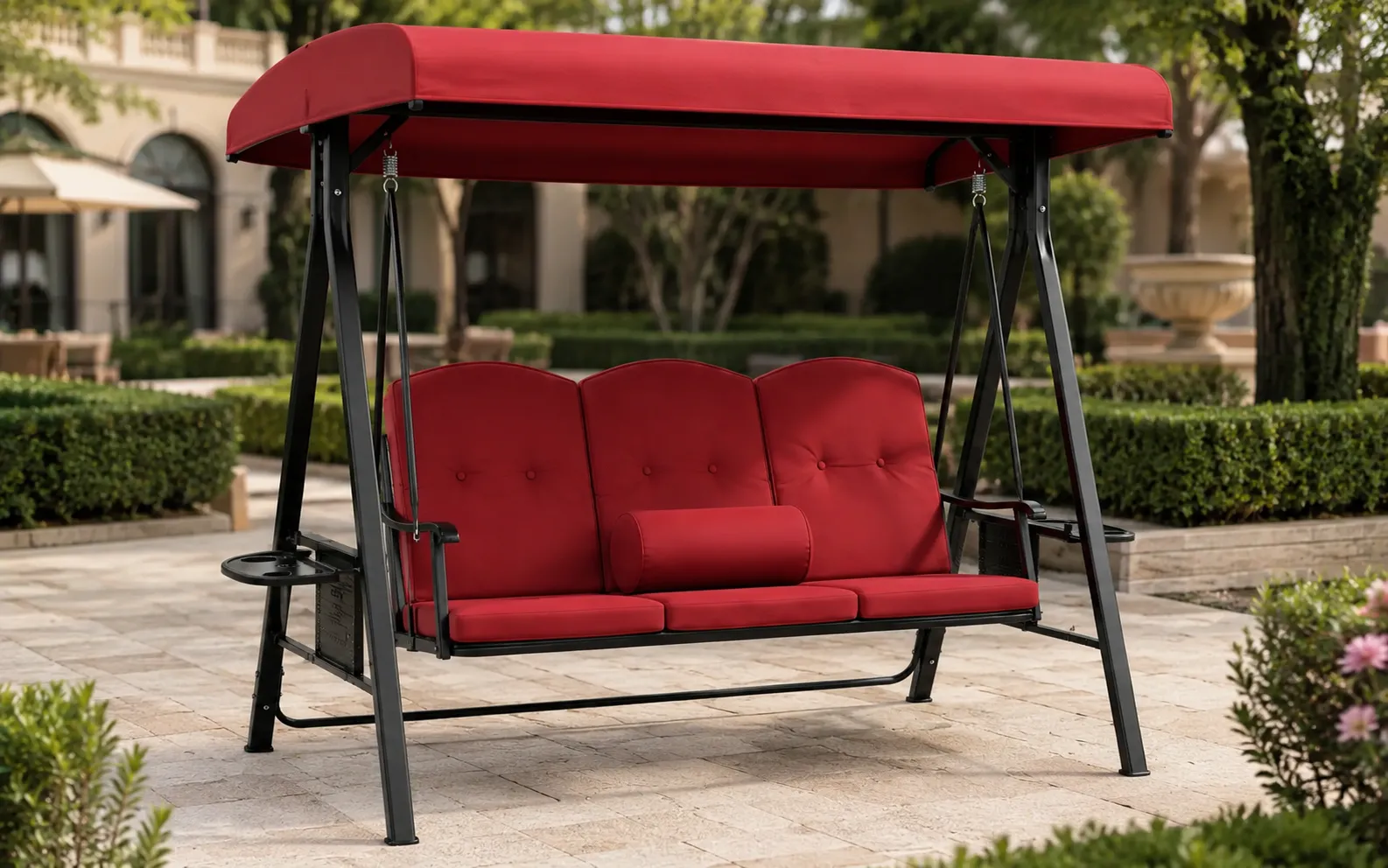 XIMU Furniture steel outdoor canopy swing sofa with red cushions