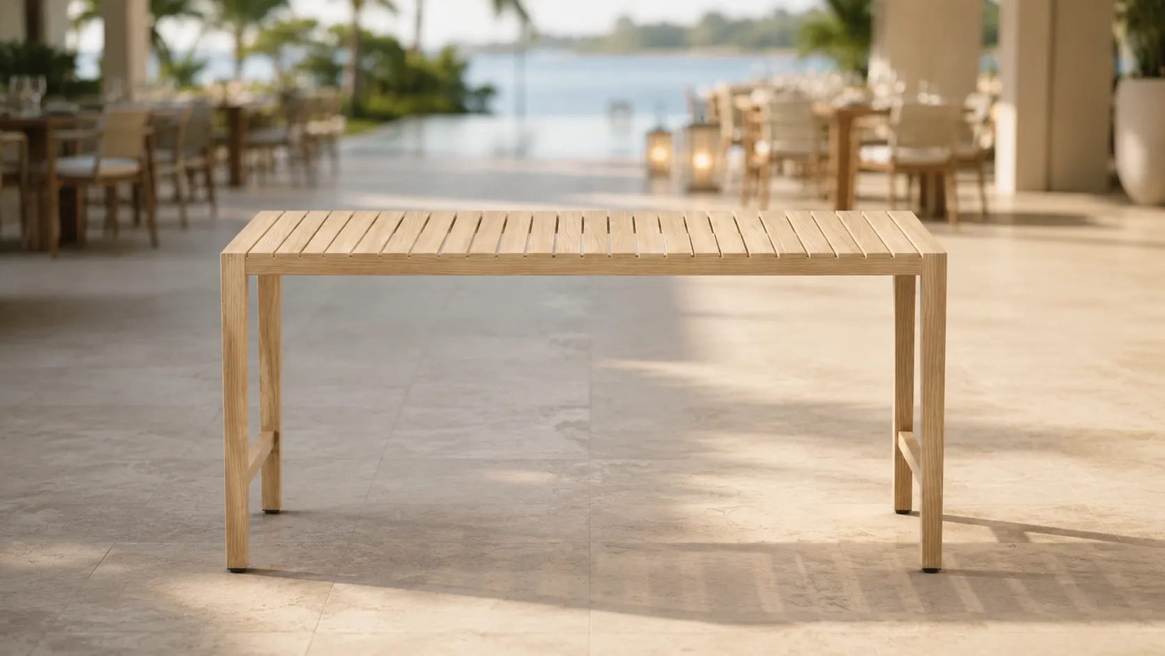 Wooden leg structure detail of teak outdoor dining table
