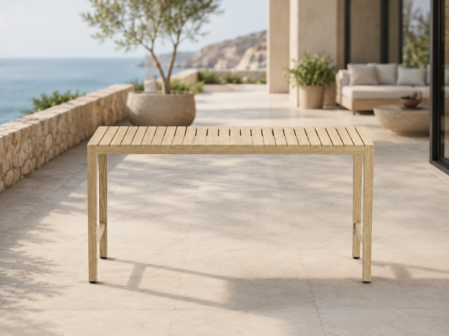 Side view of Grade-A teak outdoor dining table with slatted tabletop