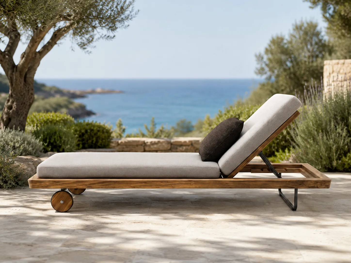 Side view of Grade-A teak outdoor sun lounger with adjustable backrest