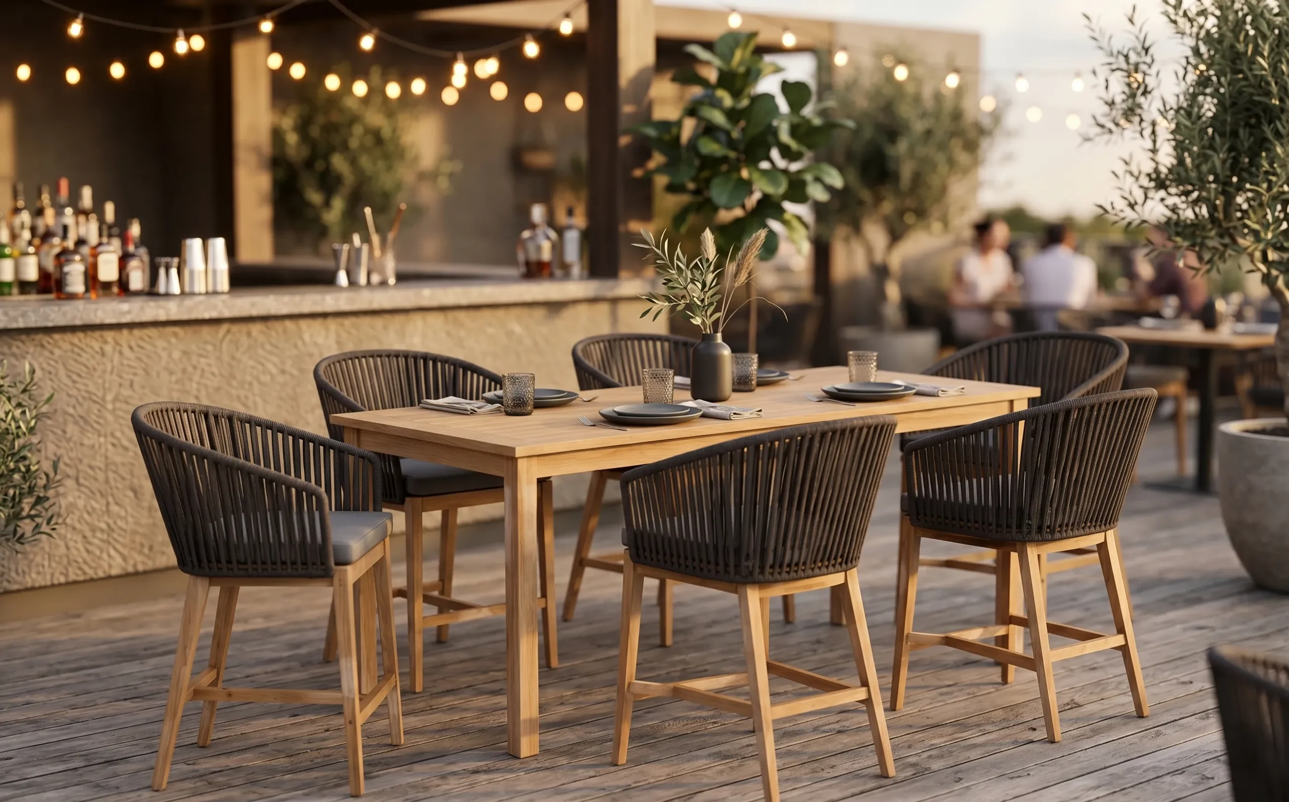 XIMU Furniture teak rope bar dining set with high table and woven chairs for hotel outdoor projects