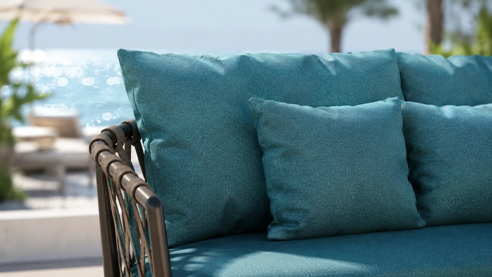 Outdoor Rope Conversation Set with Teal Cushions, Sofa, Lounge Chair & Round Coffee Table for Patio Hotel