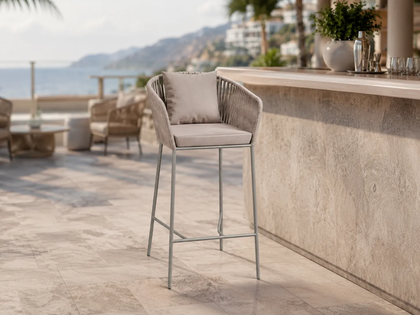 Rope outdoor bar stool for terrace bar and rooftop hospitality projects