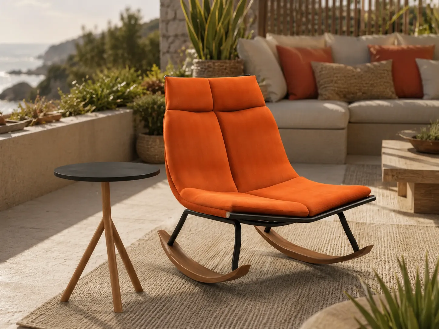 Teak outdoor rocking lounge chair for terrace seating areas