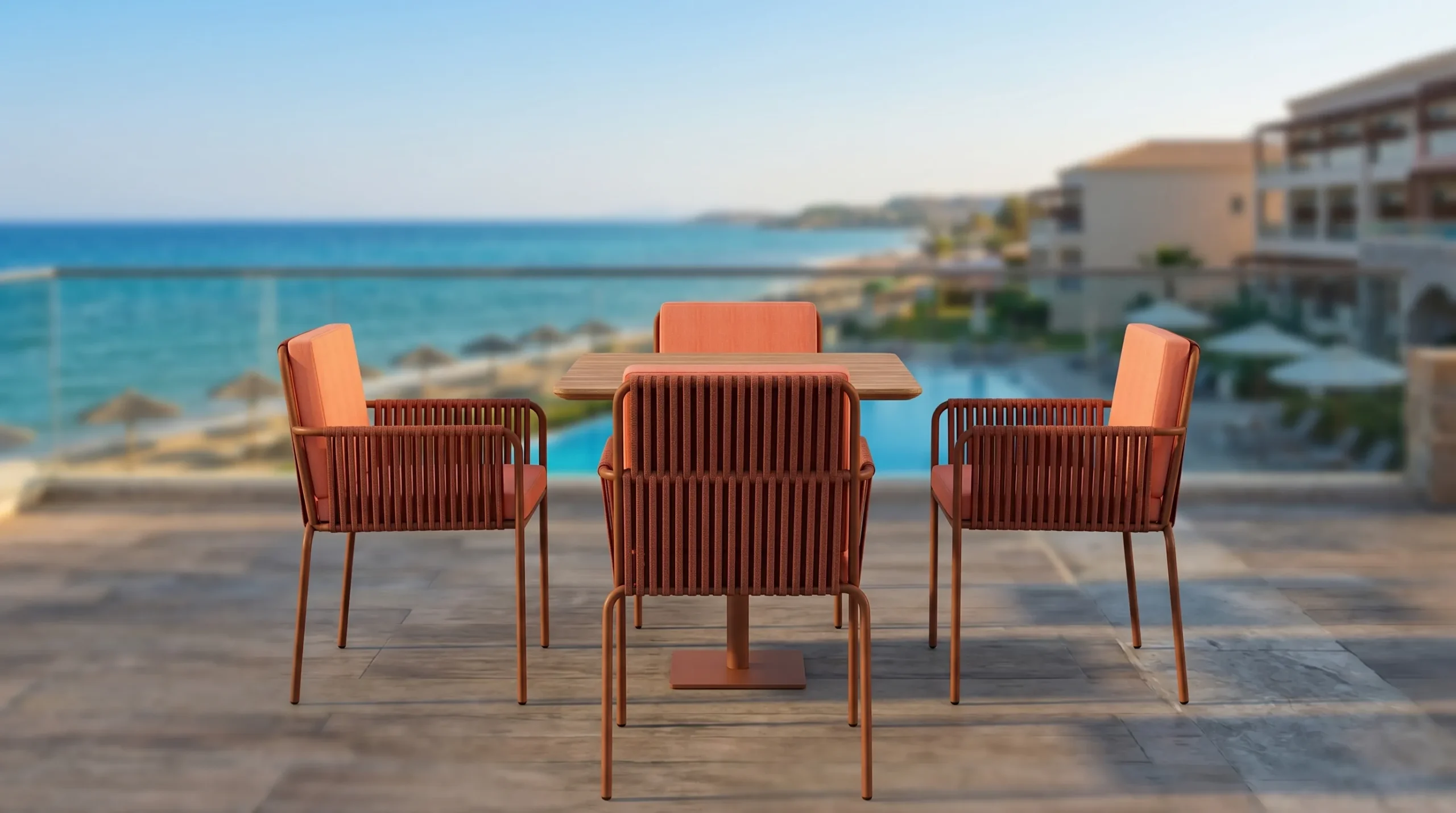 Outdoor Rope Dining Set with 4 Terracotta Cushion Armchairs & Square Patio Table for Café Garden Hotel