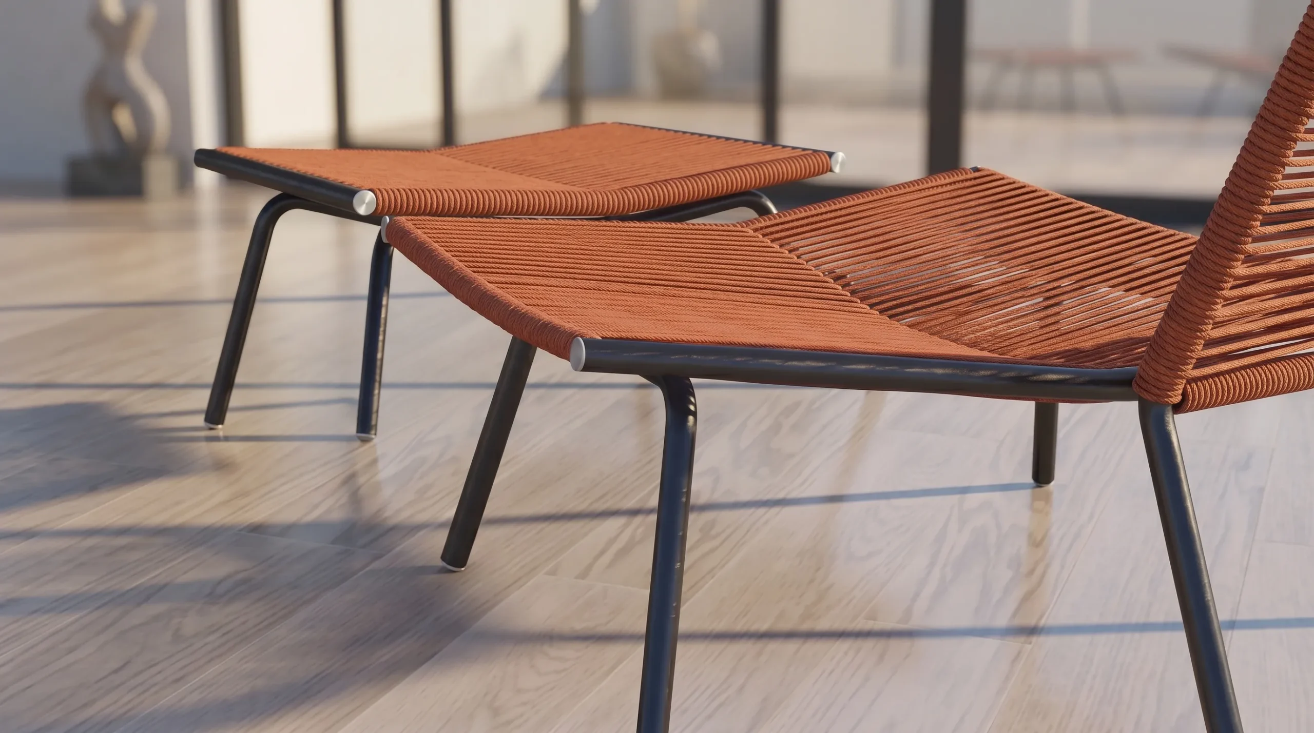 Outdoor Rope Lounge Chair with Ottoman & Side Table for Hotel Terrace Poolside Patio