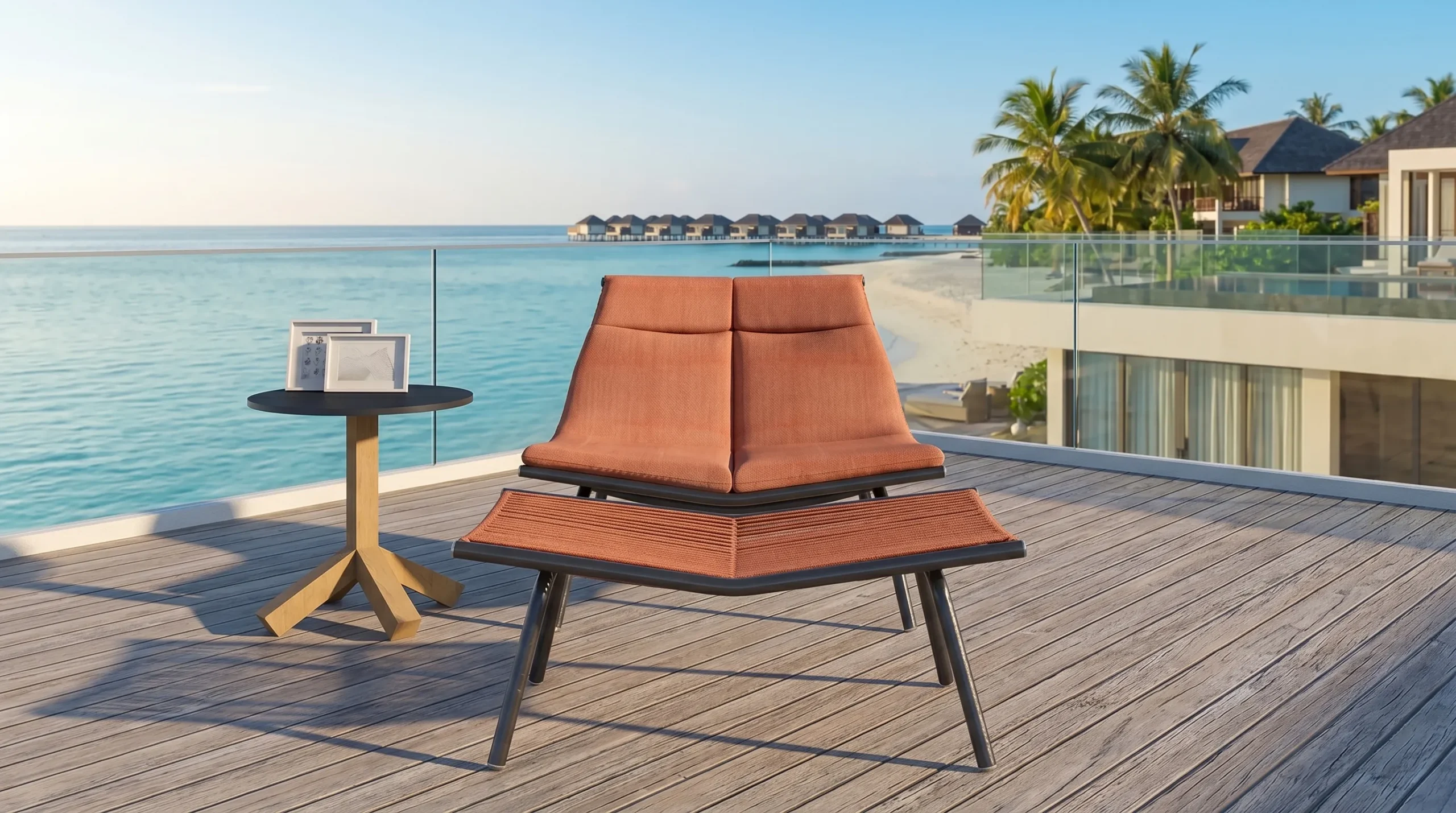 Outdoor Rope Lounge Chair with Ottoman & Side Table for Hotel Terrace Poolside Patio