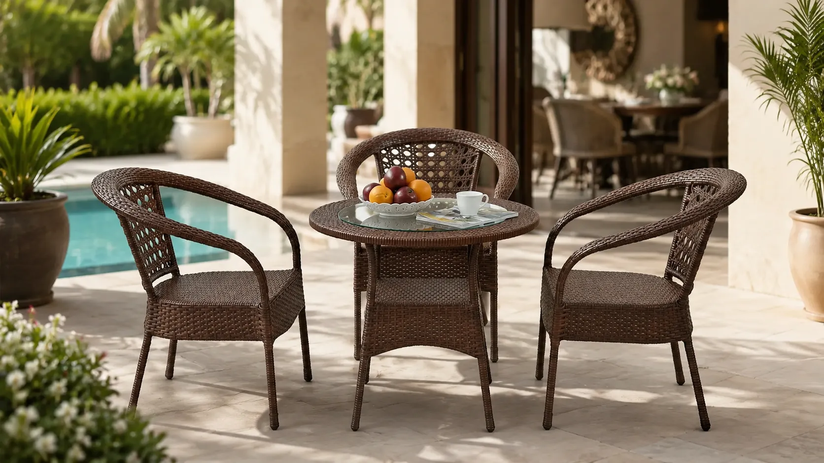 Three chair rattan bistro set layout with round glass table
