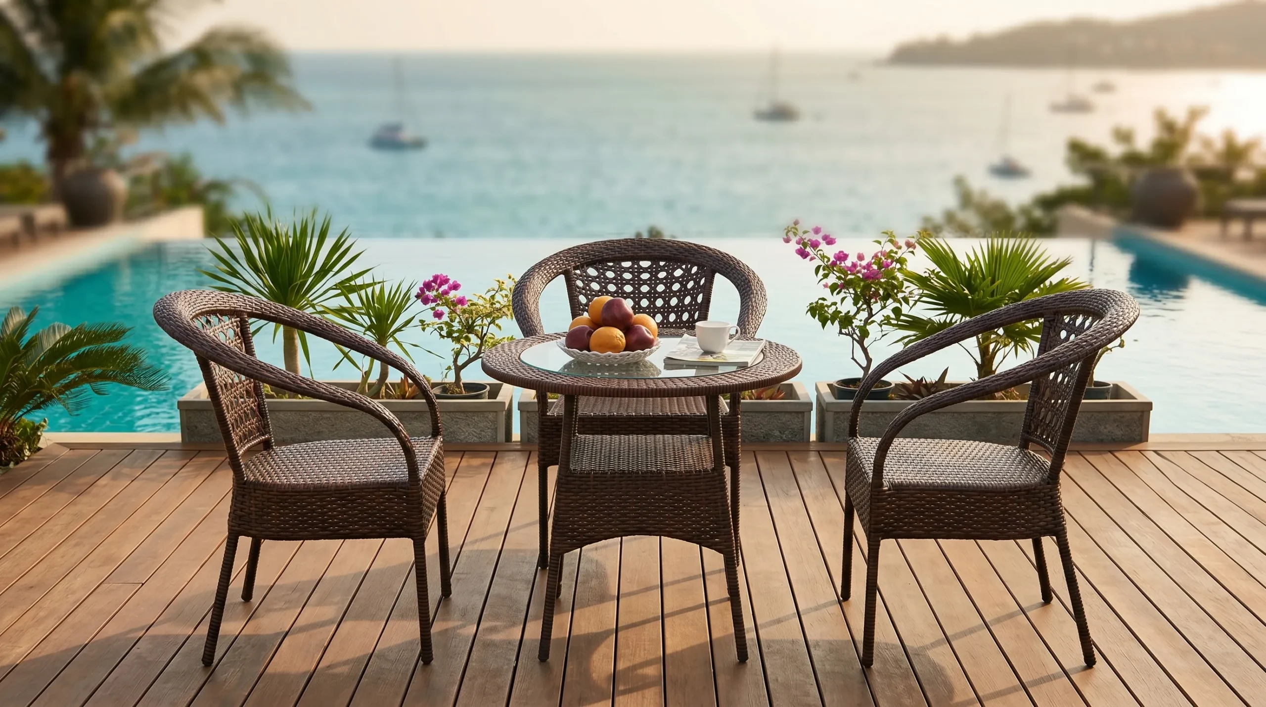 Brown PE Rattan Bistro Set with 3 Open-Weave Armchairs & Round Glass Table for Patio Café Balcony