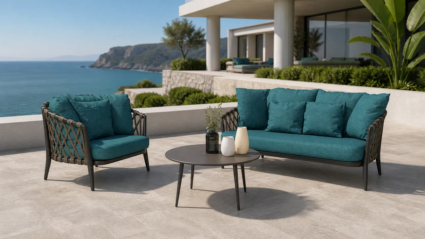 Outdoor Rope Conversation Set with Teal Cushions, Sofa, Lounge Chair & Round Coffee Table for Patio Hotel