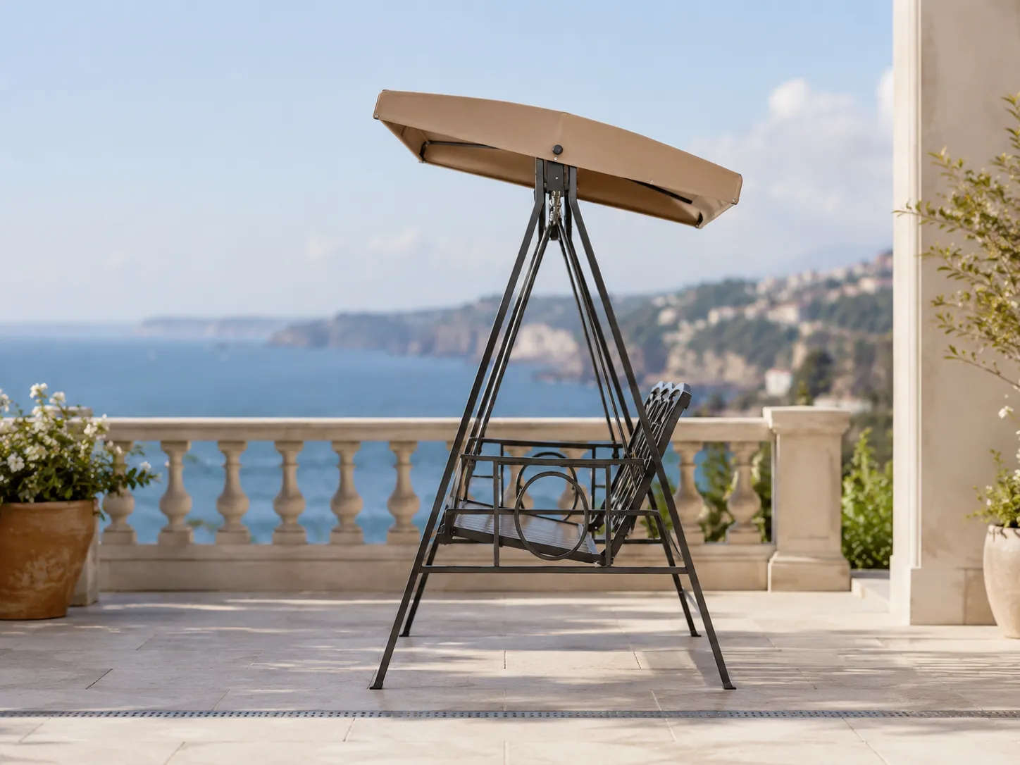 Side view of three-seater outdoor patio swing chair with metal frame