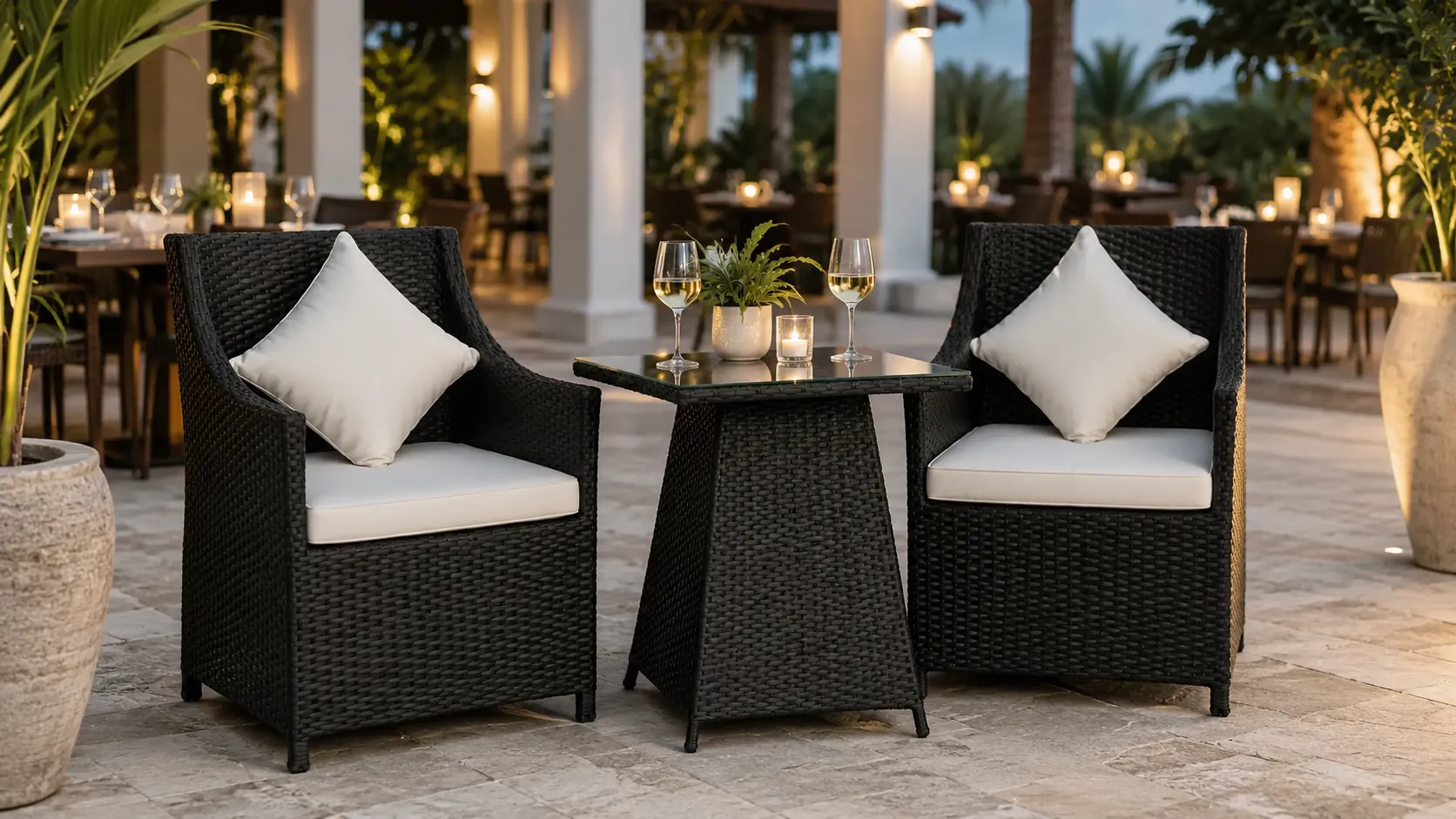 Two armchair rattan bistro set layout with square glass table