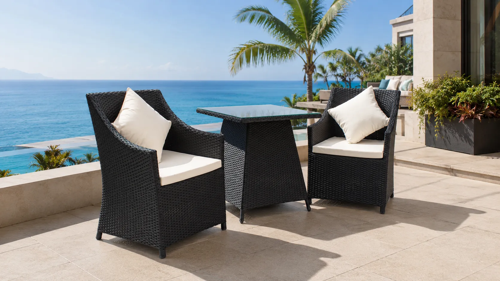 Black PE Rattan Bistro Set with 2 Armchairs, Cream Cushions & Glass-Top Table for Balcony Café Patio