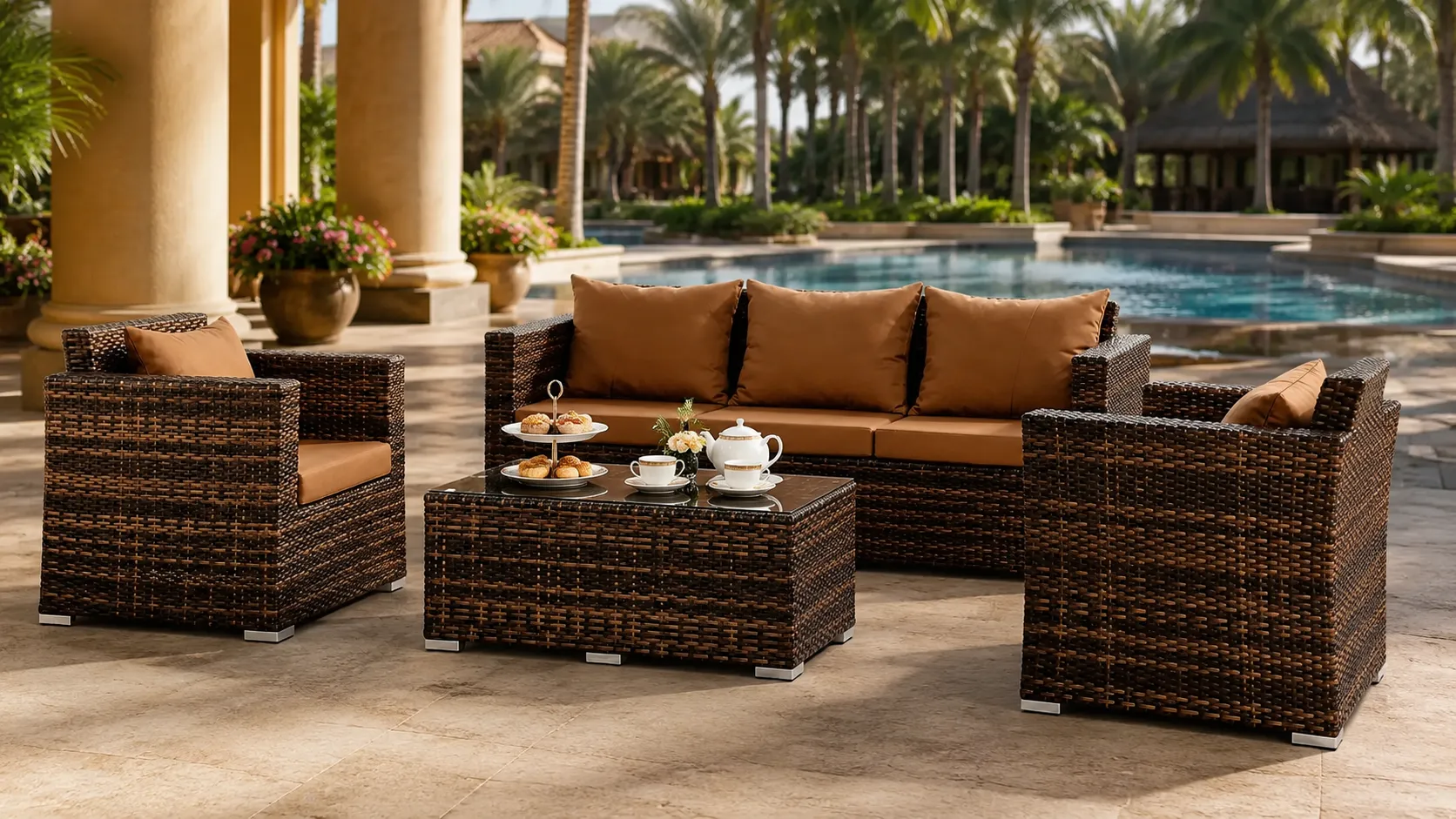 Outdoor conversation set layout with two armchairs three-seat sofa and coffee table