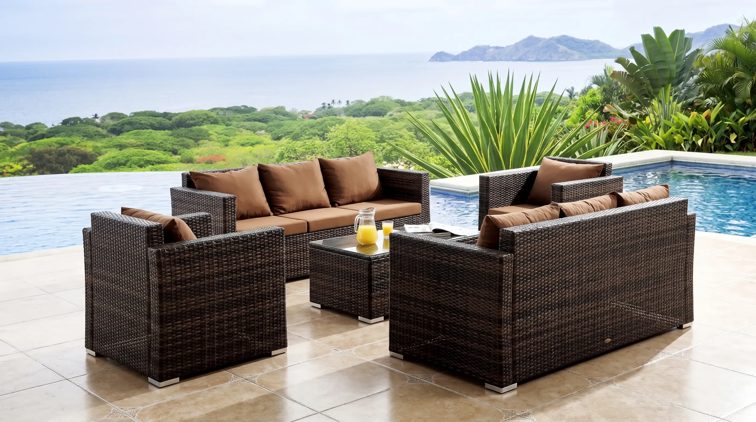 PE Rattan Outdoor Conversation Sofa Set with Armchairs & Coffee Table