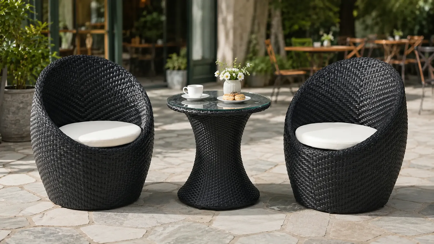 Two barrel chair rattan bistro set layout with round glass table