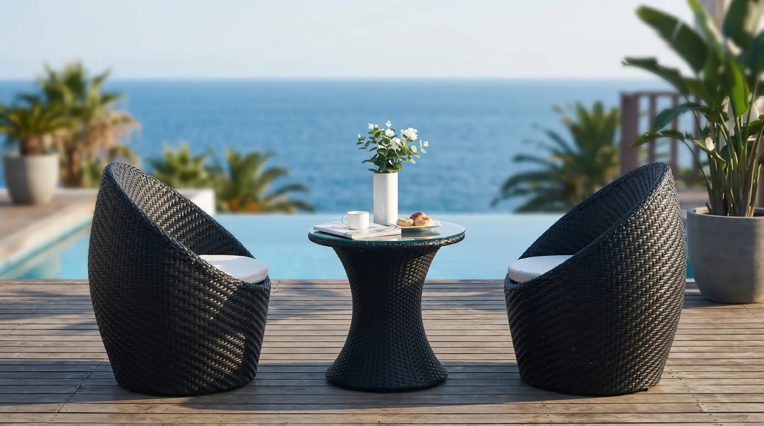 Black PE Rattan Bistro Set with 2 Barrel Chairs & Round Glass Table for Patio Balcony Café