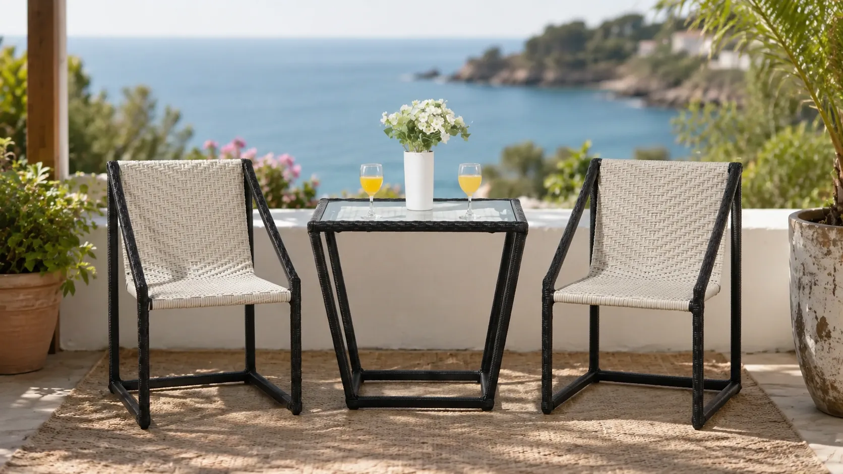 Two chair PE rattan bistro set layout with rectangular glass table