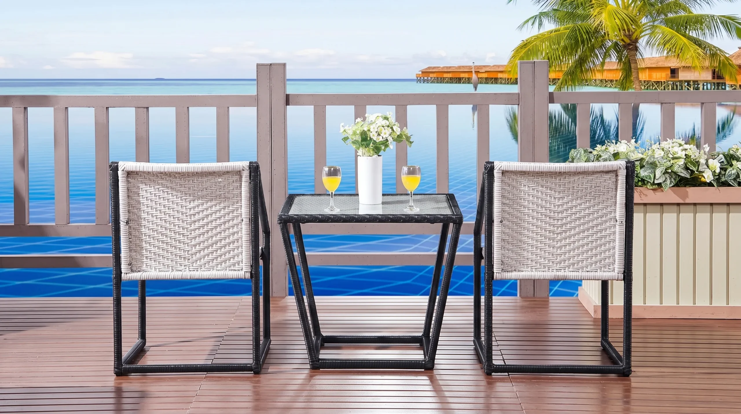 PE Rattan Bistro Set with Black White Chairs & Rectangular Glass Table for Patio Balcony Café