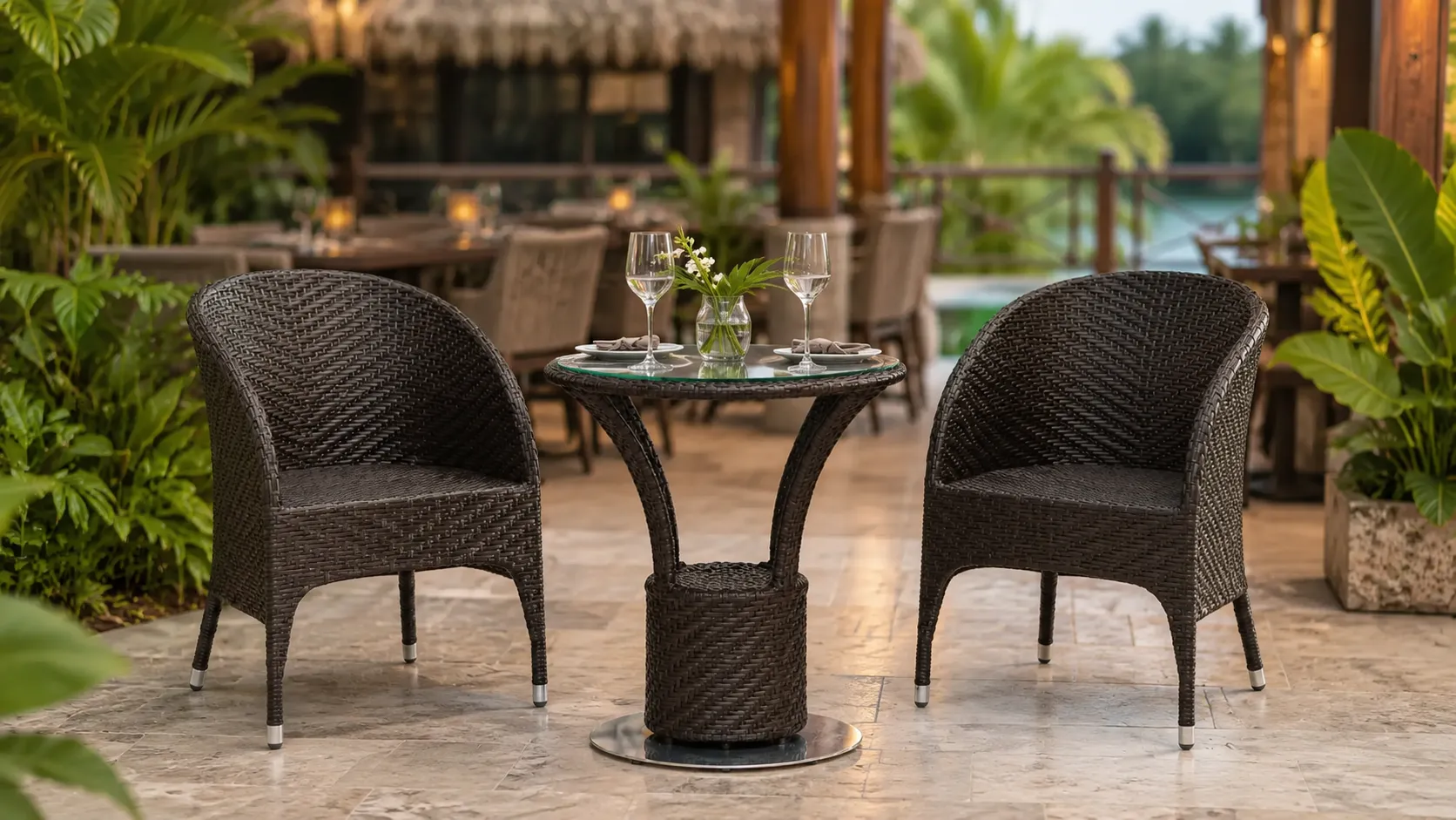 Two chair rattan bistro set layout with round table