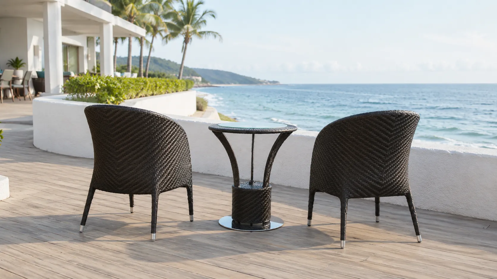 PE Rattan Bistro Set with 2 Chairs & Round Glass Table for Balcony, Patio & Café