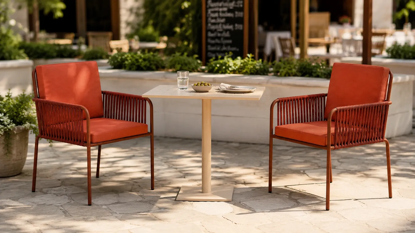 Two chair rope bistro set layout with square café table