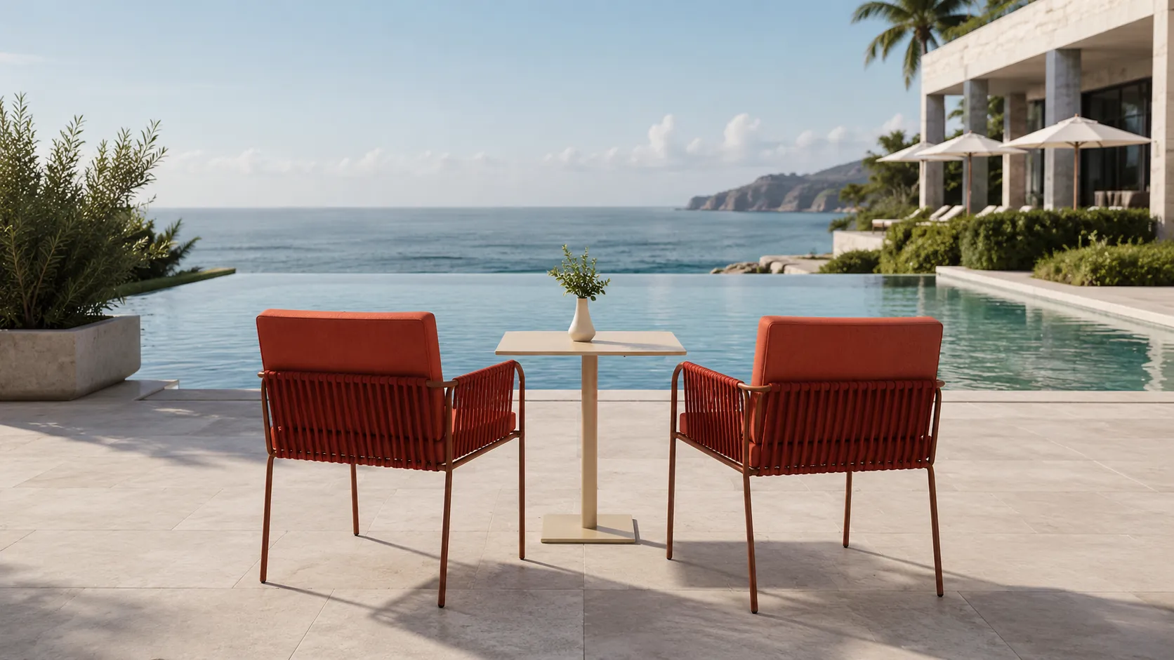 Outdoor Rope Bistro Set with 2 Armchairs, Orange Cushions & Square Café Table for Patio Balcony