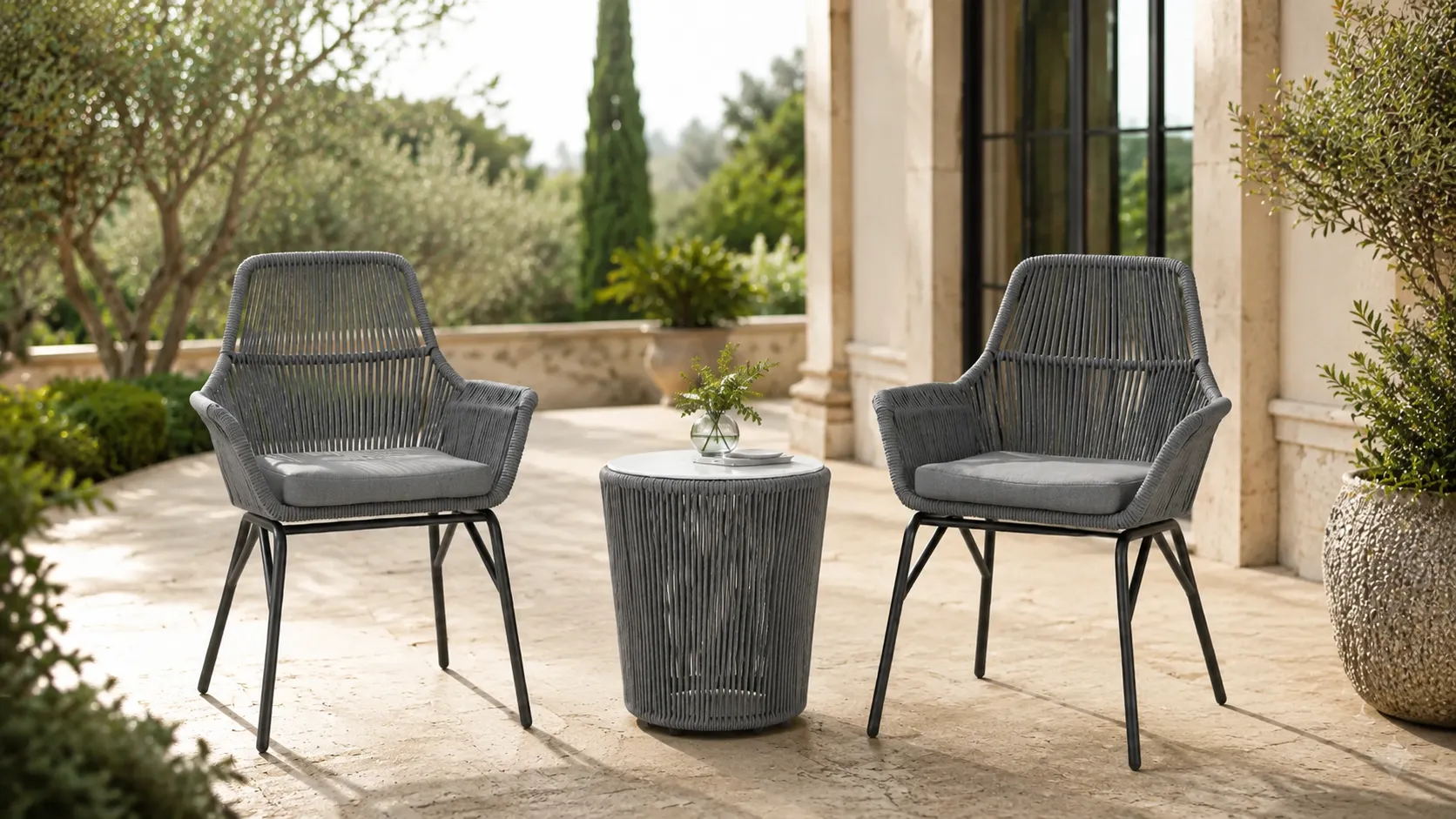 Two chair rope bistro set layout with round side table