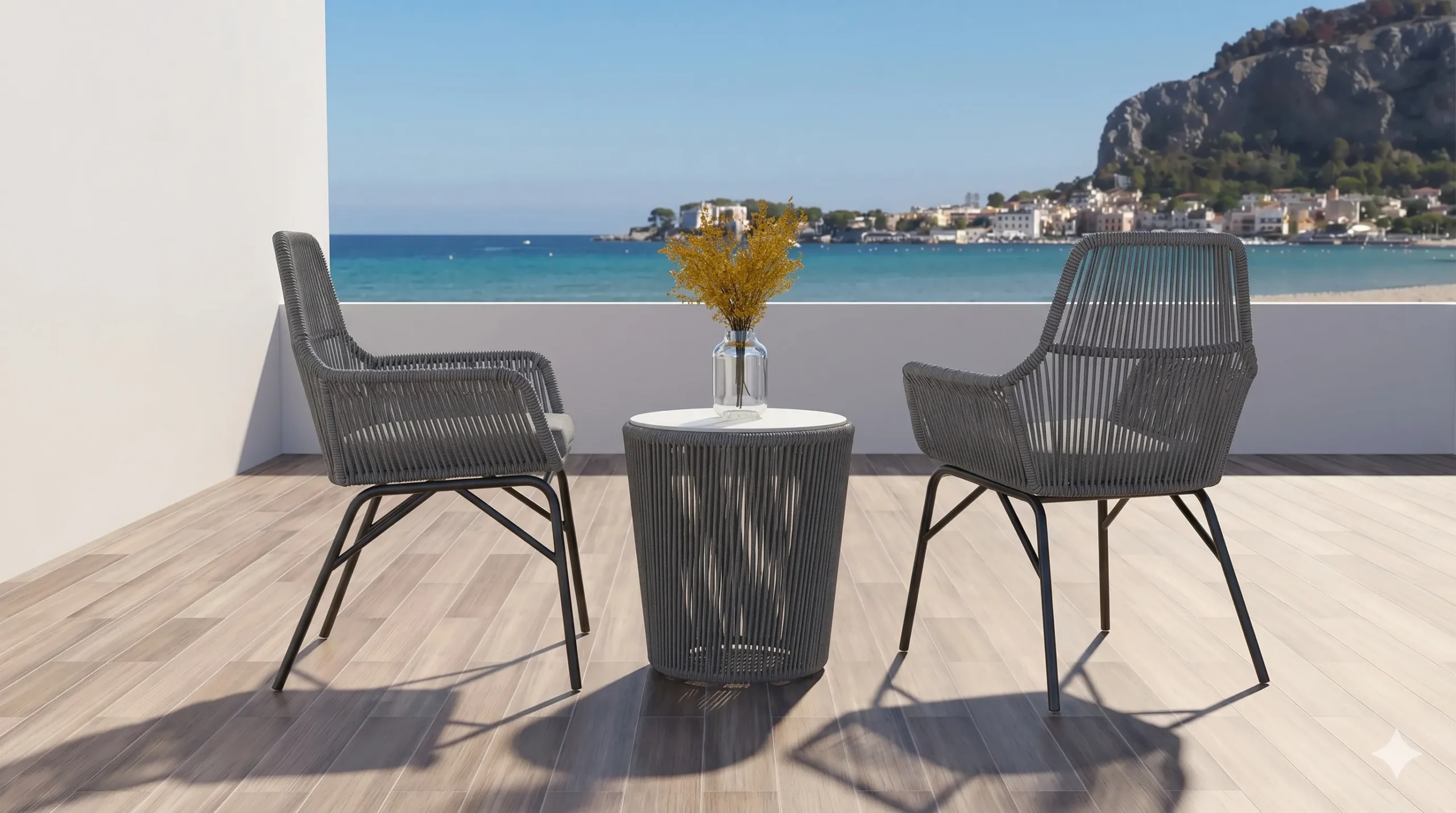 Outdoor Rope Bistro Set with 2 Grey Armchairs & Round Side Table for Balcony Patio Café