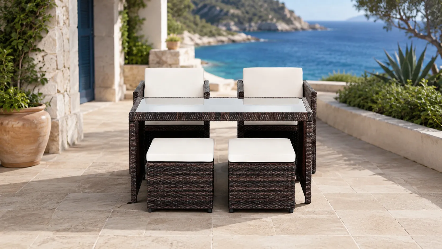 Two chair two ottoman rattan dining set layout with square glass table