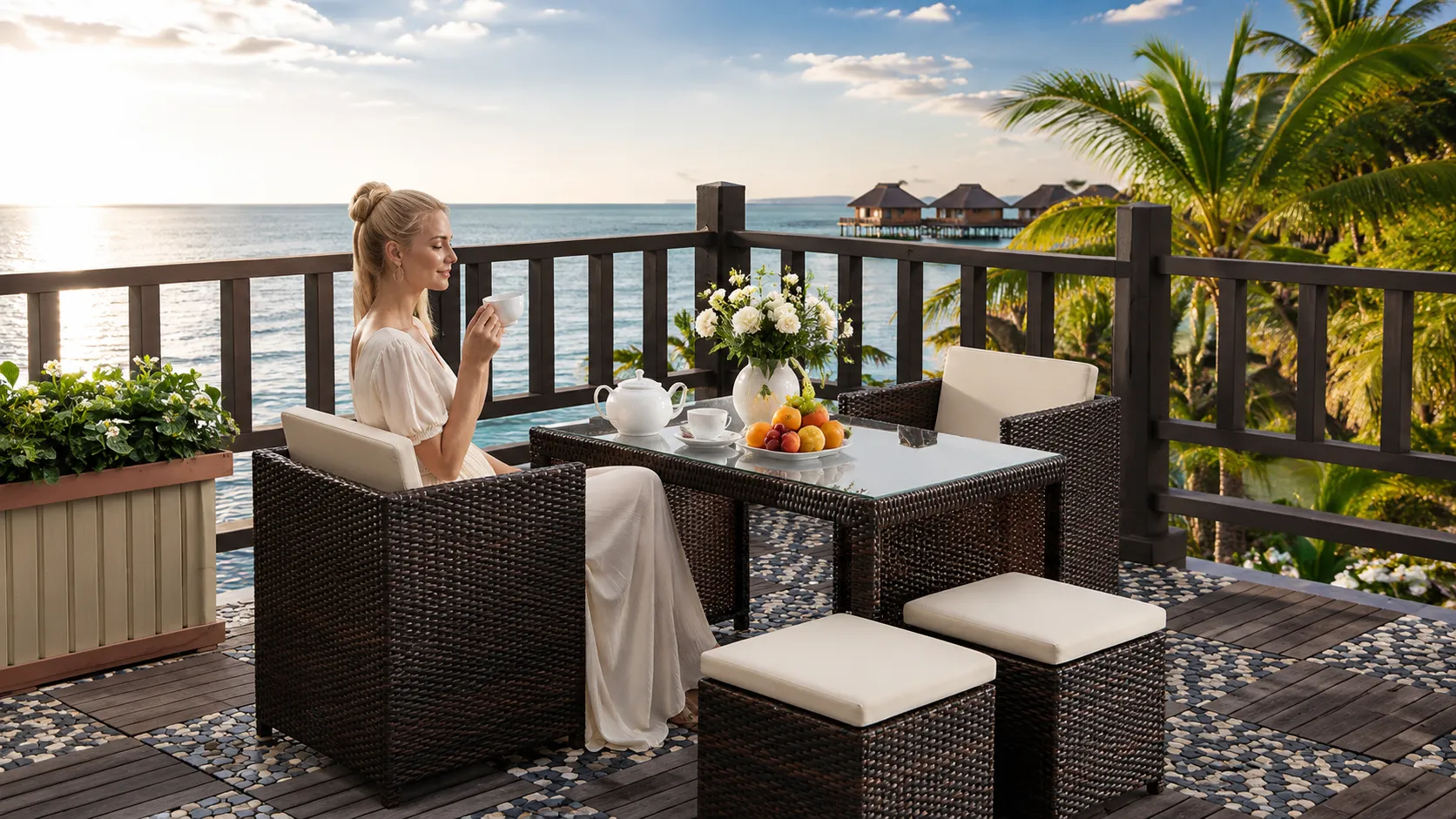 PE Rattan Cube Dining Set with 2 Armchairs, 2 Ottomans & Square Glass Table for Patio Café Hotel