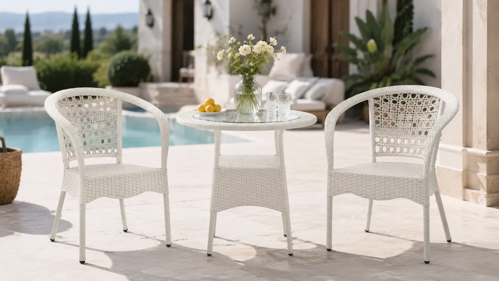 Two chair white rattan bistro set layout with round glass table