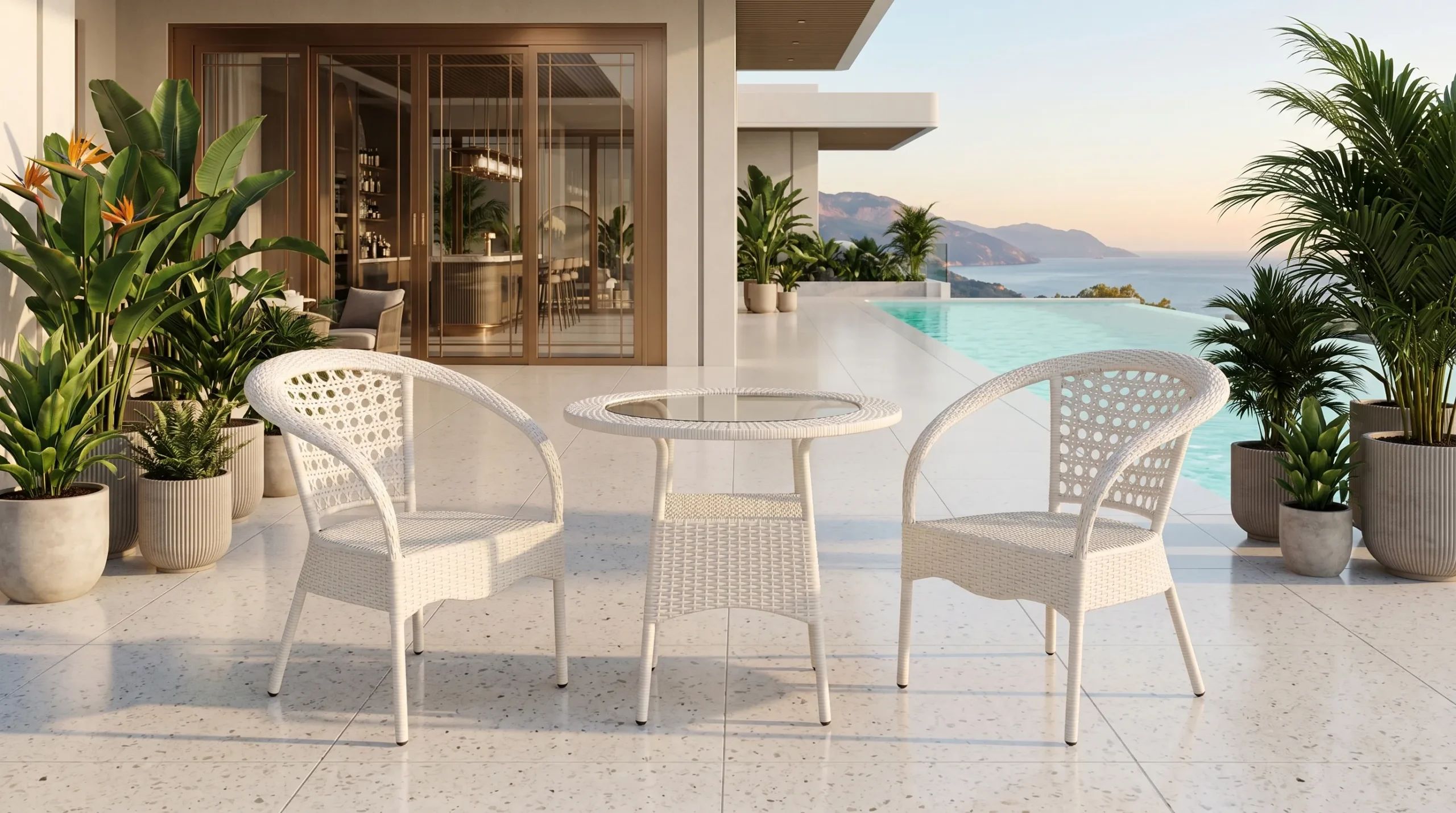 White PE Rattan Bistro Set with 2 Open-Weave Armchairs & Round Glass Table for Patio Balcony Café