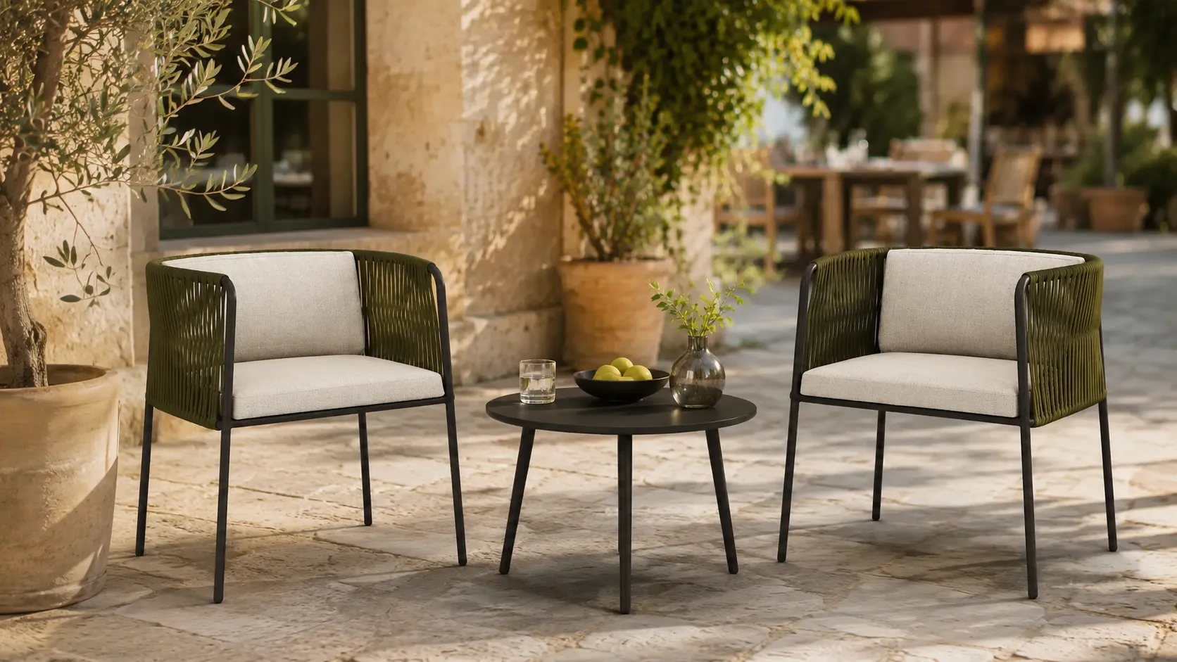 Two green rope chair bistro set layout with round coffee table