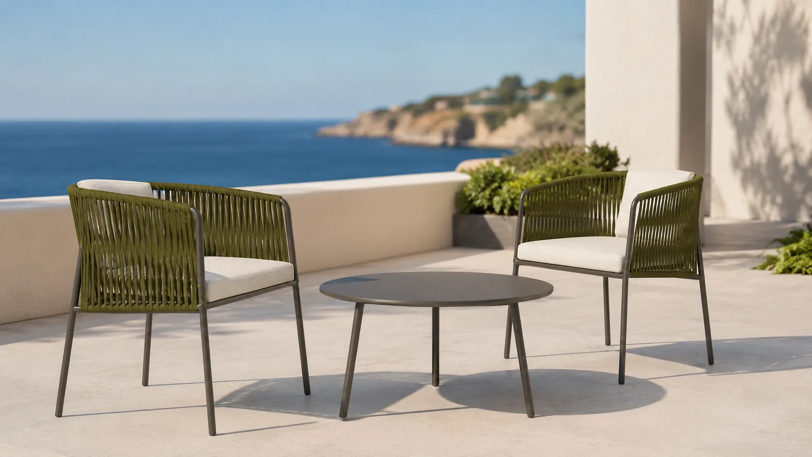 Outdoor Rope Bistro Set with Green Armchairs, Beige Cushions & Round Coffee Table for Patio Balcony