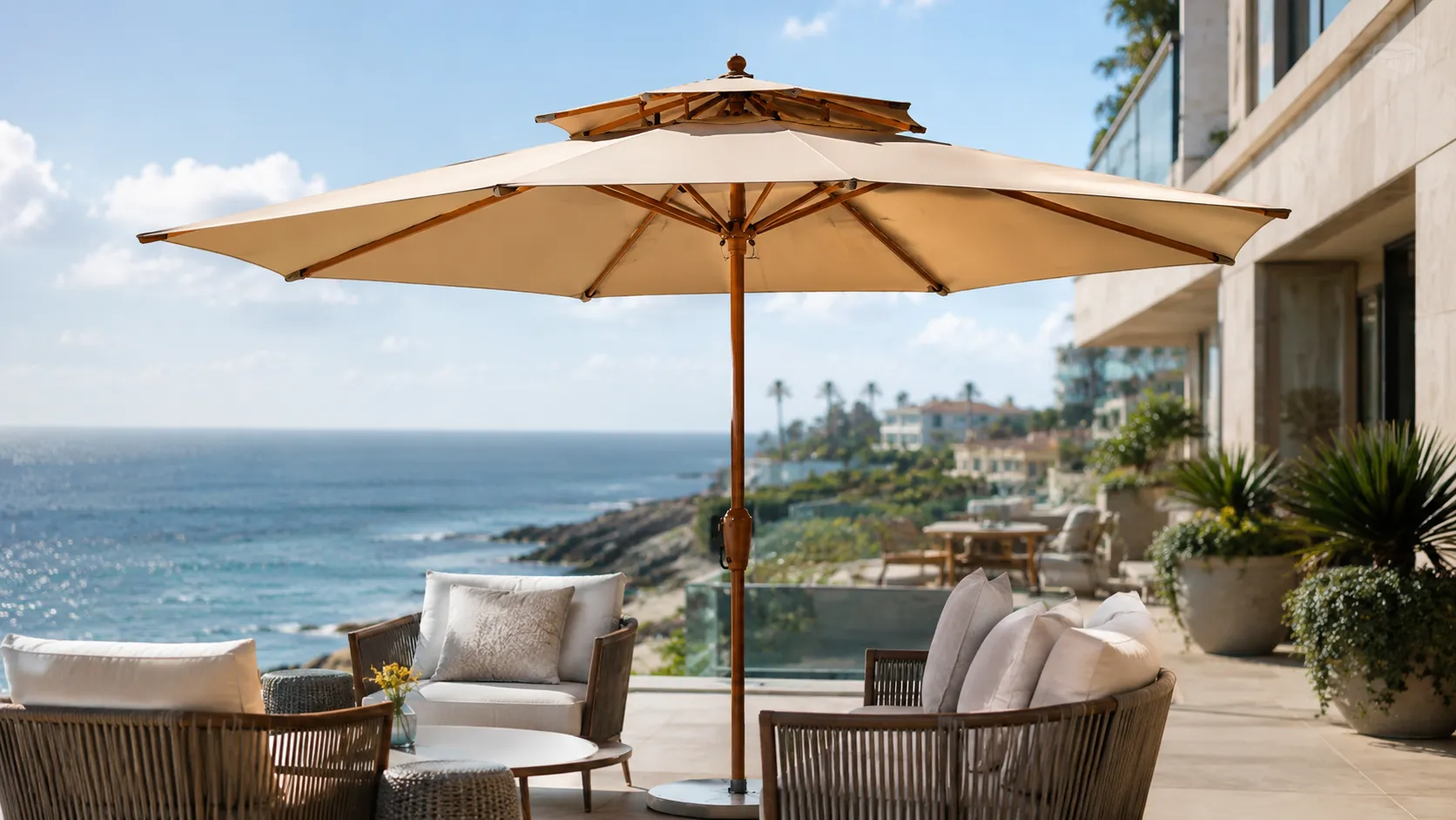 Wooden Patio Market Umbrella with Double Vent Canopy for Resort & Garden Shade