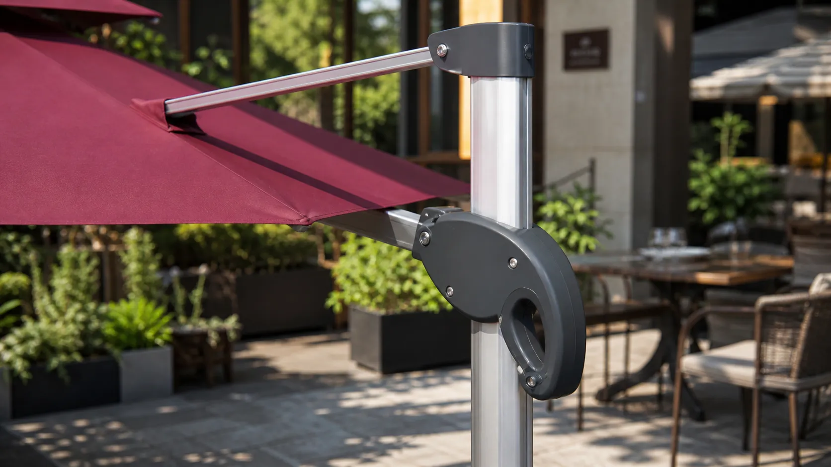 Adjustable Height Cantilever Patio Umbrella with Red Canopy for Poolside & Resort Shade