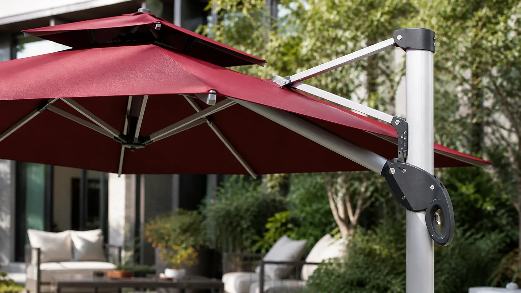 Adjustable Height Cantilever Patio Umbrella with Red Canopy for Poolside & Resort Shade