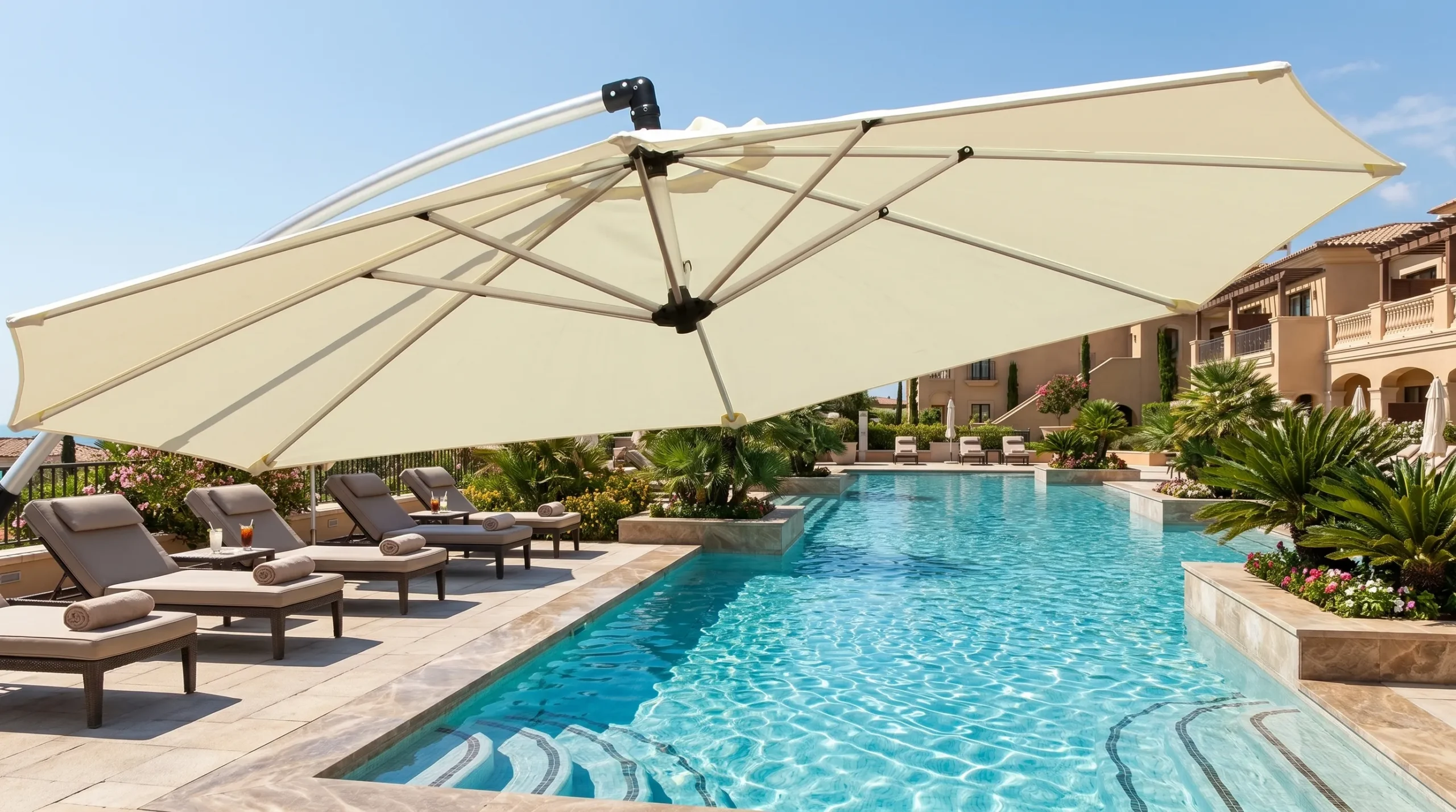 Cantilever Patio Umbrella with Cream Canopy for Resort Poolside Shade