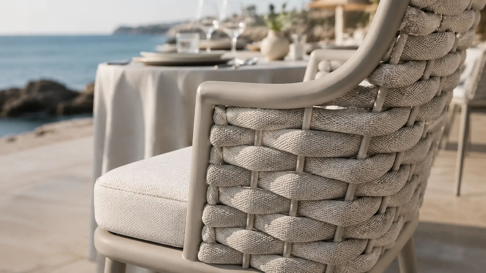 Upholstered seat cushion detail of grey rope dining chair
