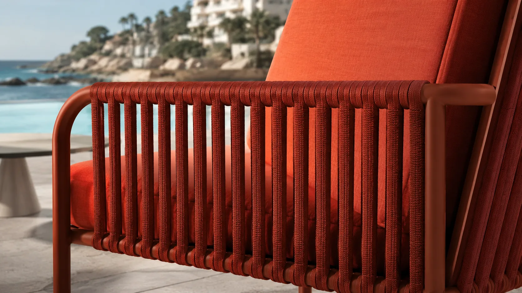 Outdoor Rope Bistro Set with 2 Armchairs, Orange Cushions & Square Café Table for Patio Balcony