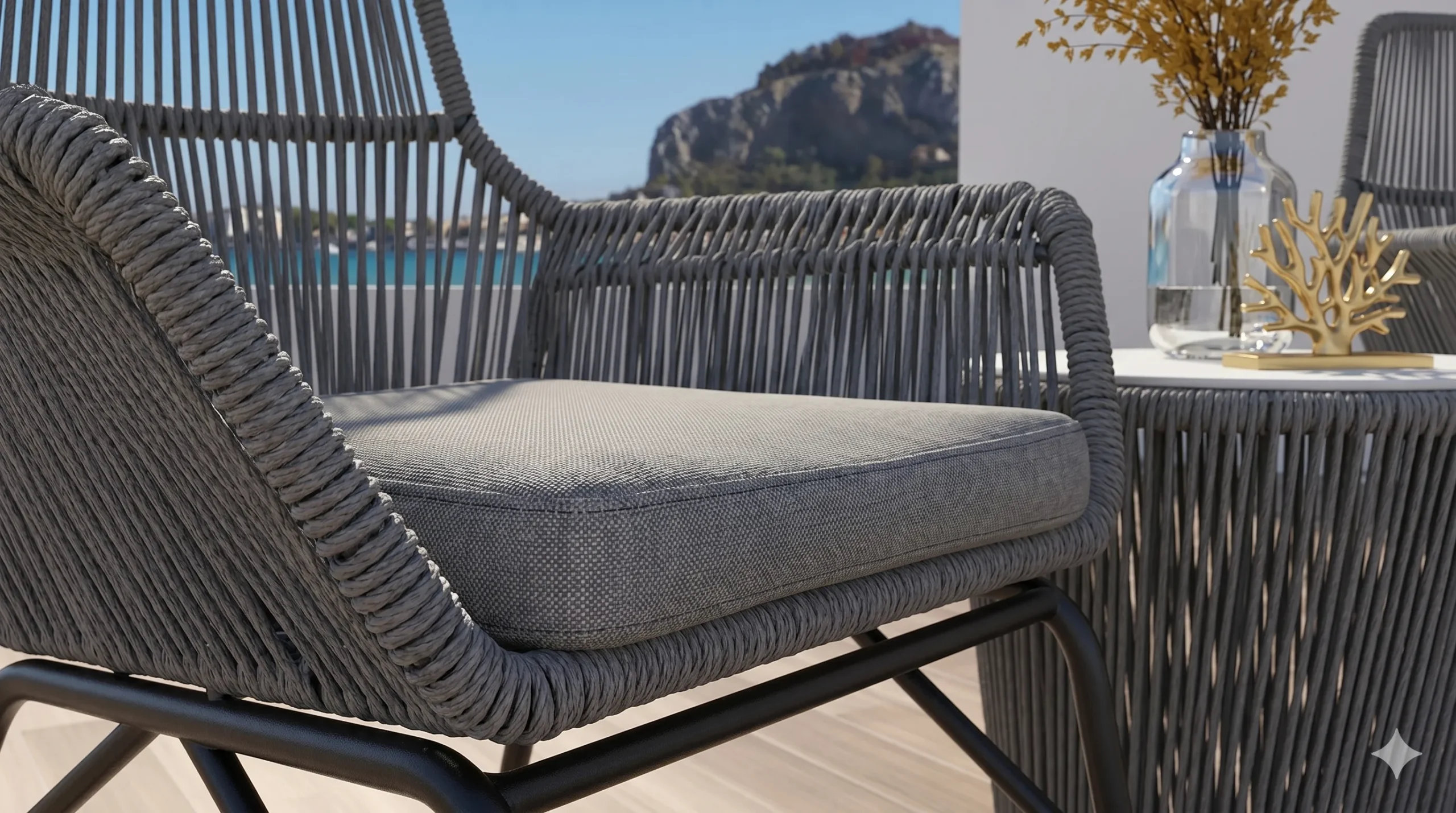 Outdoor Rope Bistro Set with 2 Grey Armchairs & Round Side Table for Balcony Patio Café