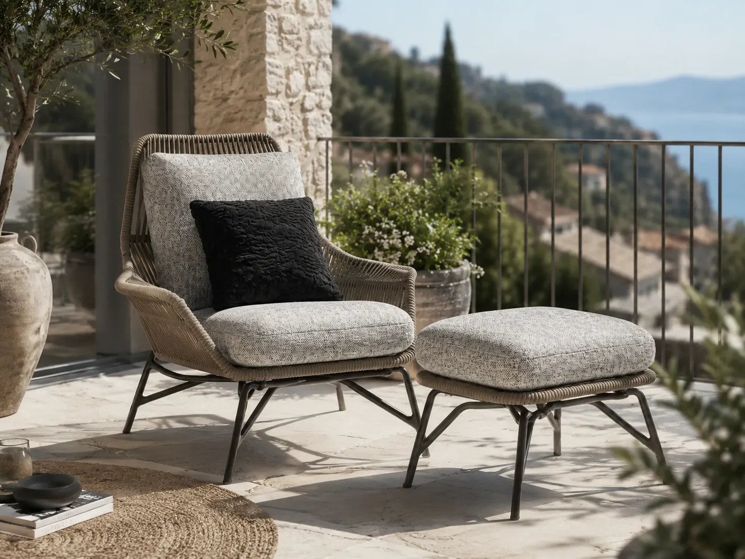 Woven rope lounge chair with ottoman for villa balcony