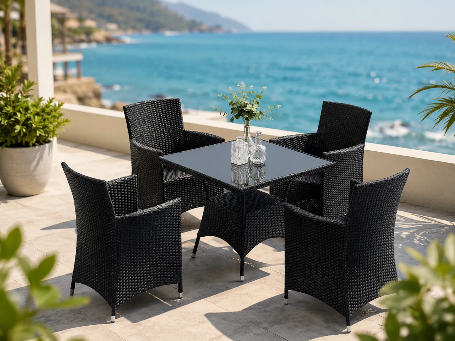 Black wicker dining set for villa garden and patio dining spaces