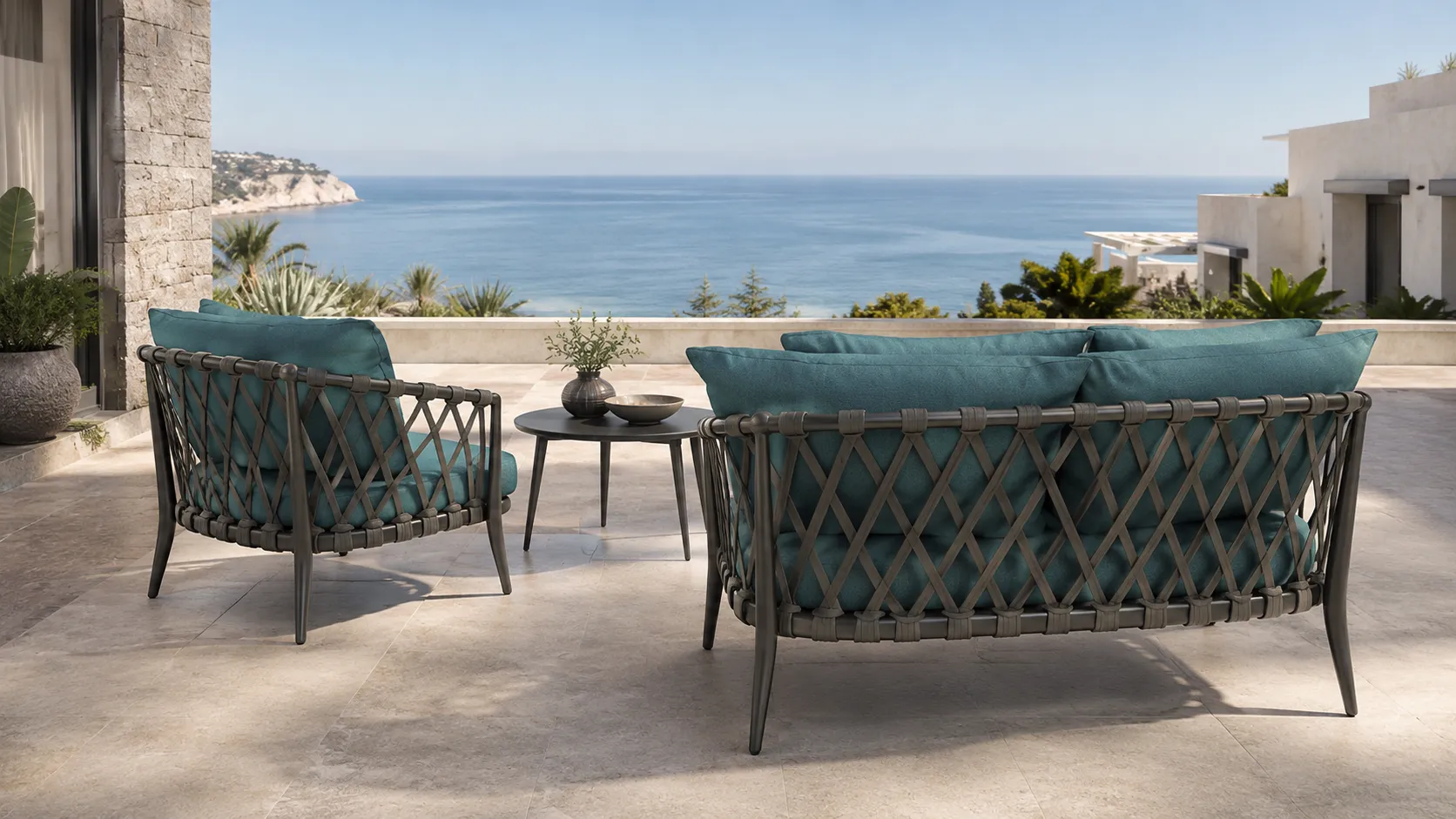 Outdoor Rope Conversation Set with Teal Cushions, Sofa, Lounge Chair & Round Coffee Table for Patio Hotel