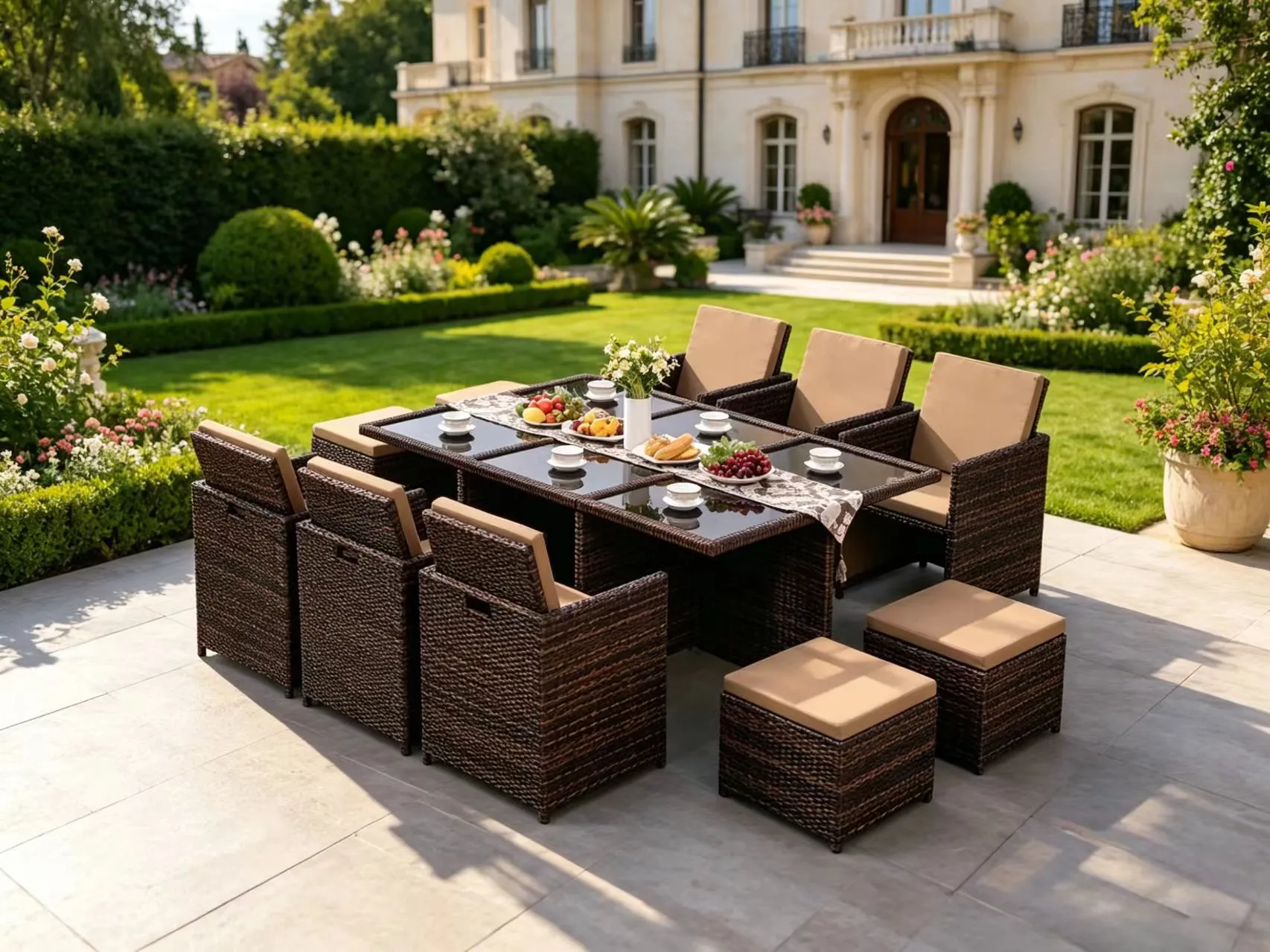 PE rattan outdoor dining set for villa garden
