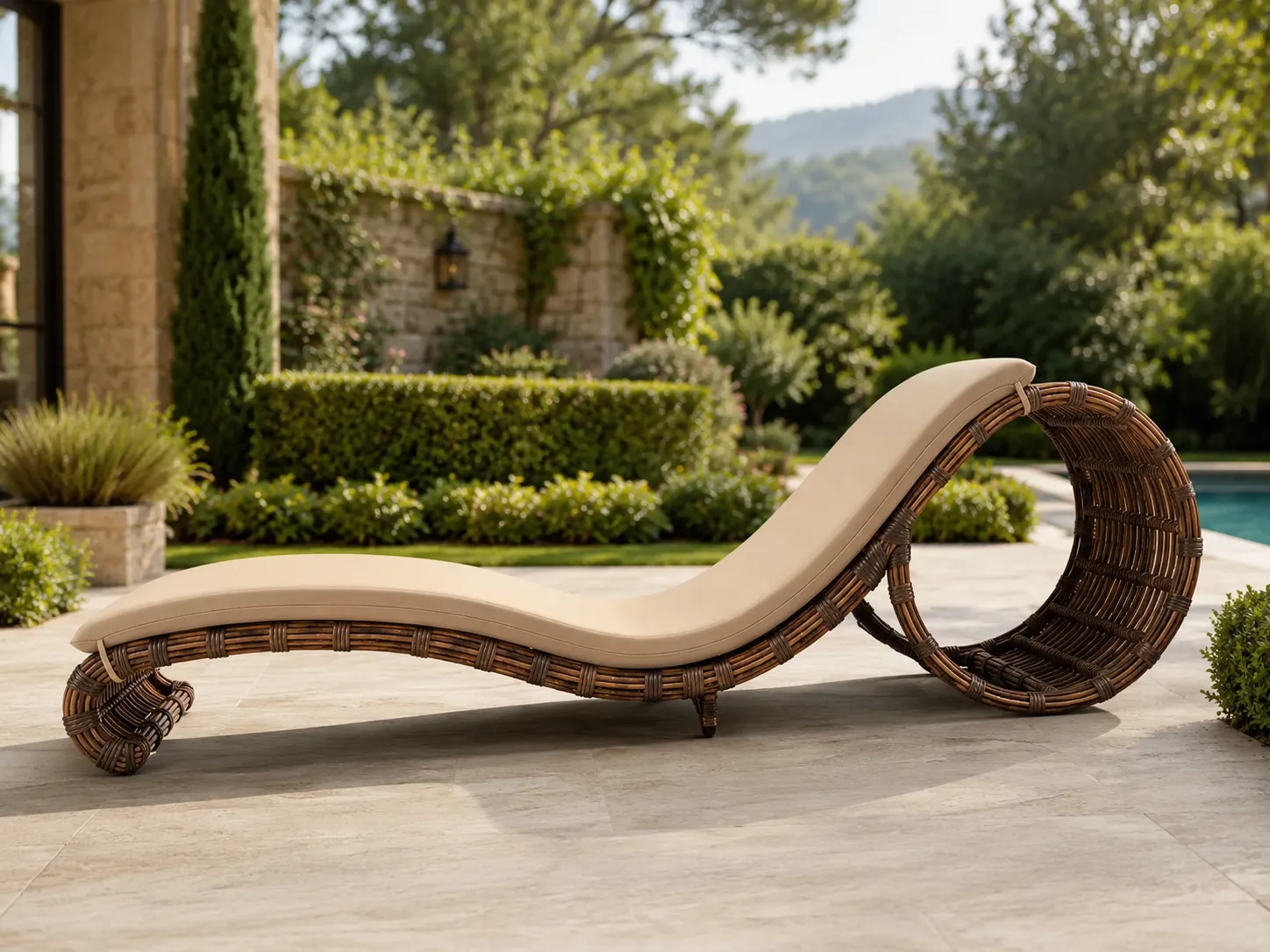 Rattan sun lounger used in a villa garden leisure area
