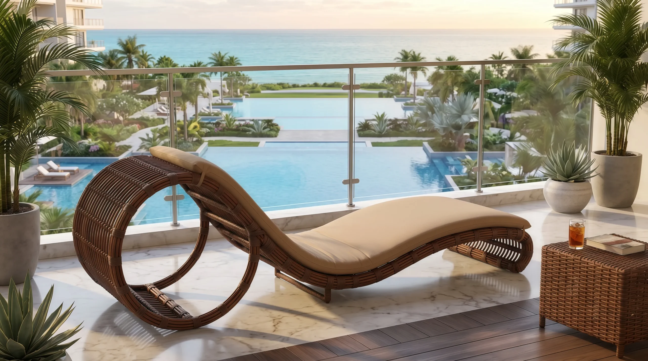 Wicker Outdoor Sun Lounger with Beige Cushion