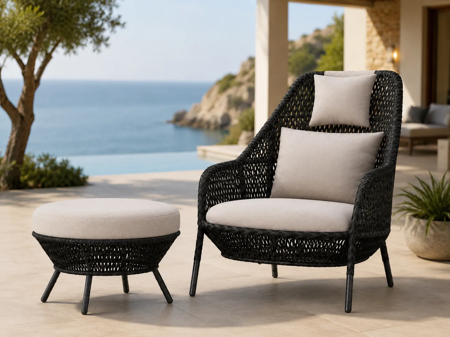 Black wicker lounge chair and ottoman set for villa patio outdoor seating